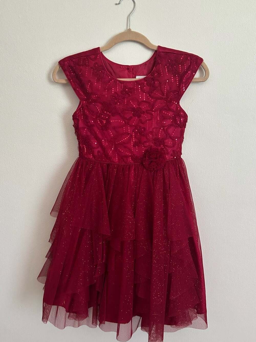 Jona Michelle Girls Red Sequin Tulle Tiered Party Dress Size 10